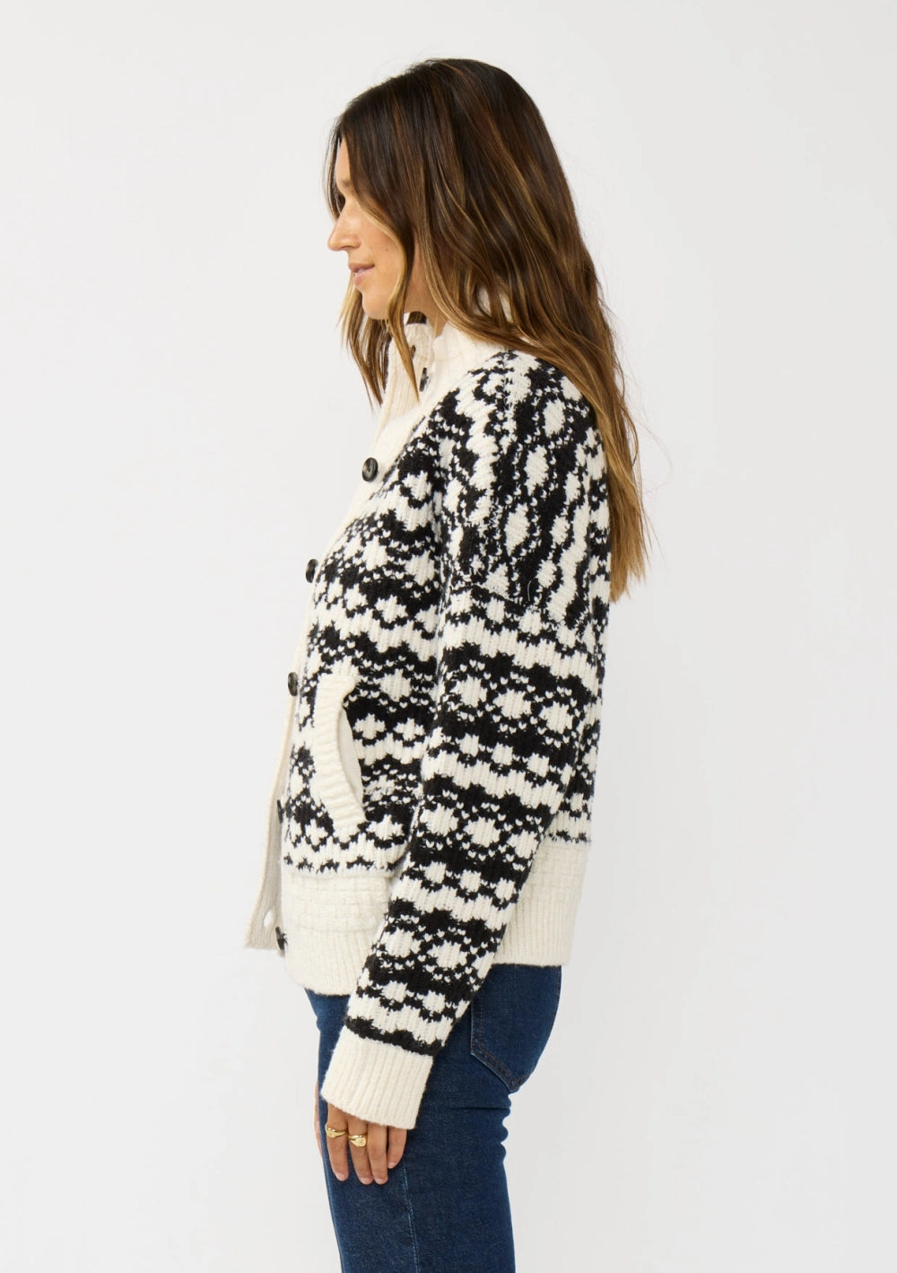 The Bethany black-and-white geometric modest sweater jacket with patch pockets
