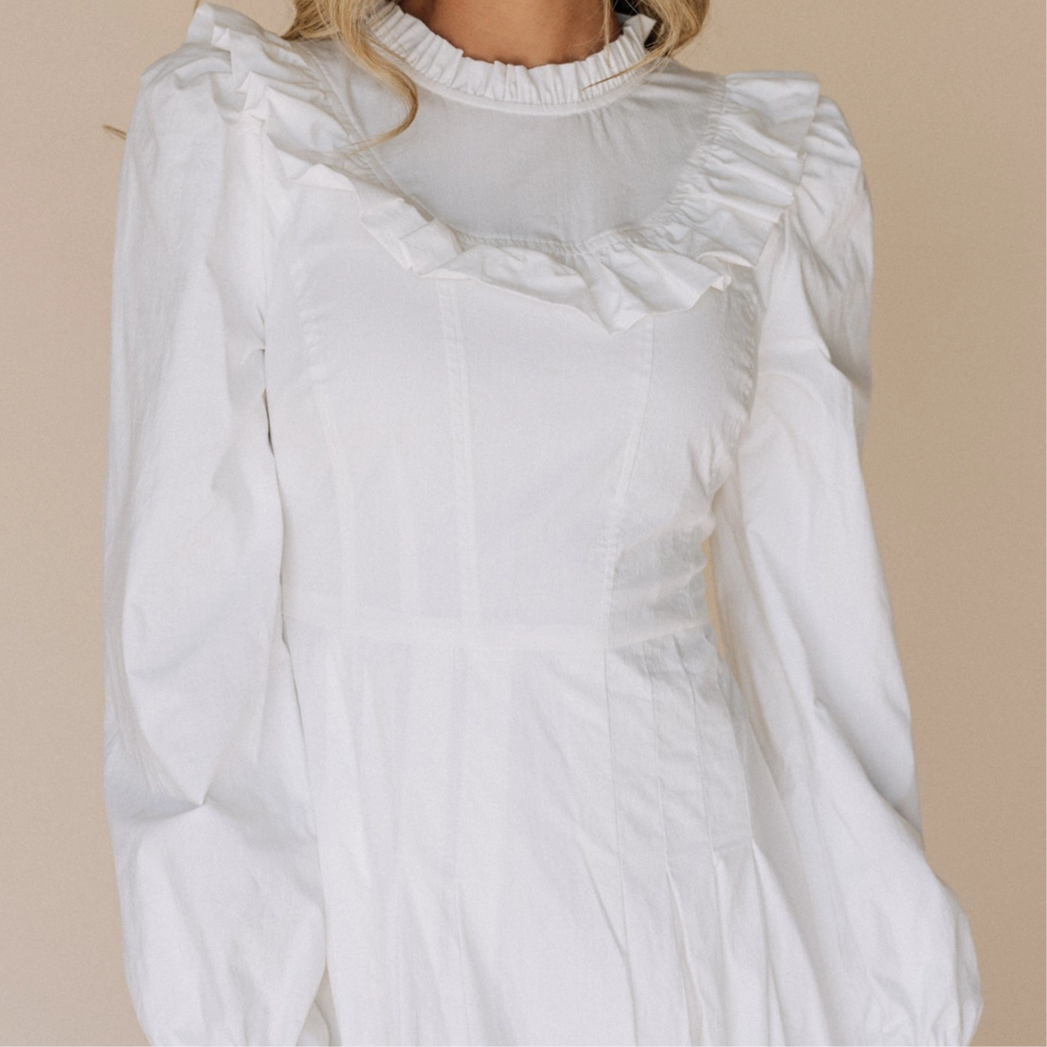 The Nauvoo LDS temple dress — ruffle and pocket detail