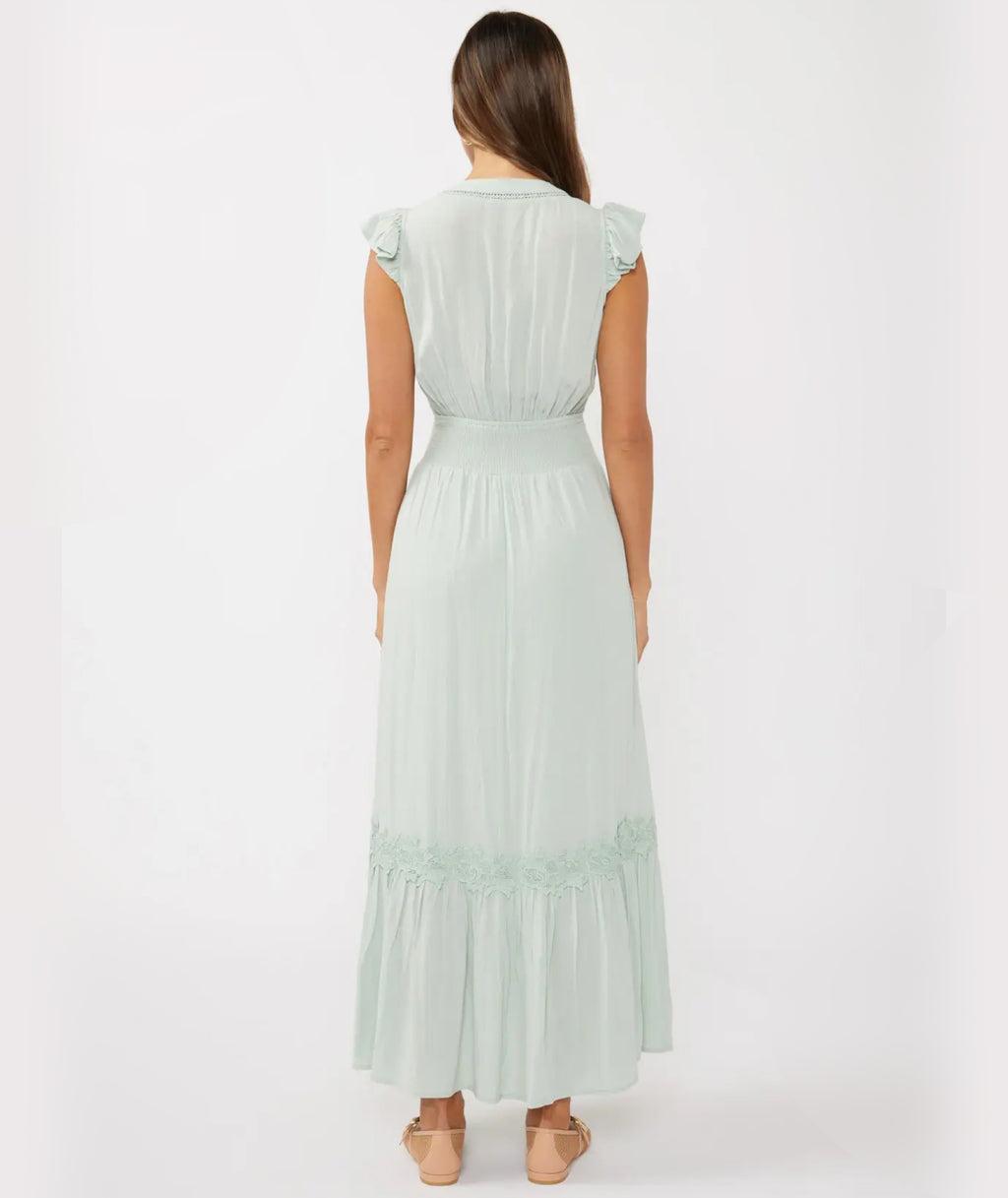 Meadowbrook seafoam modest Sunday maxi dress with crochet lace and flutter sleeves