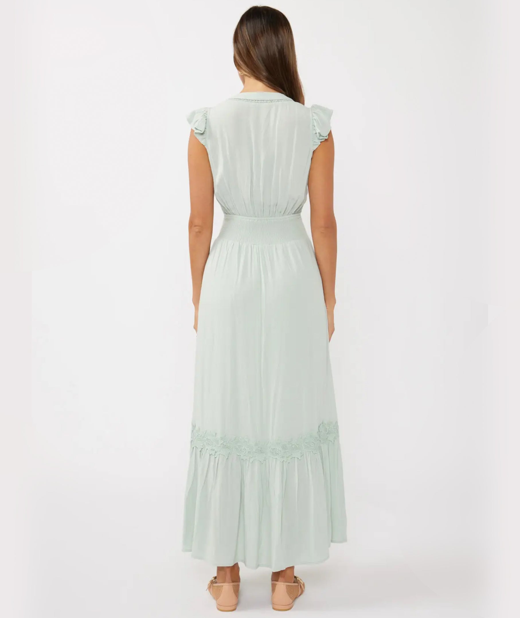 Meadowbrook seafoam modest Sunday maxi dress with crochet lace and flutter sleeves