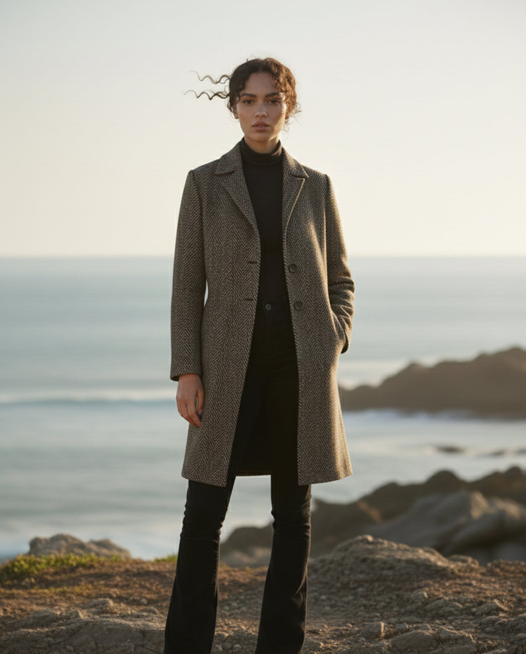 Carmel herringbone chevron modest coat in earth tones with notched collar and pockets