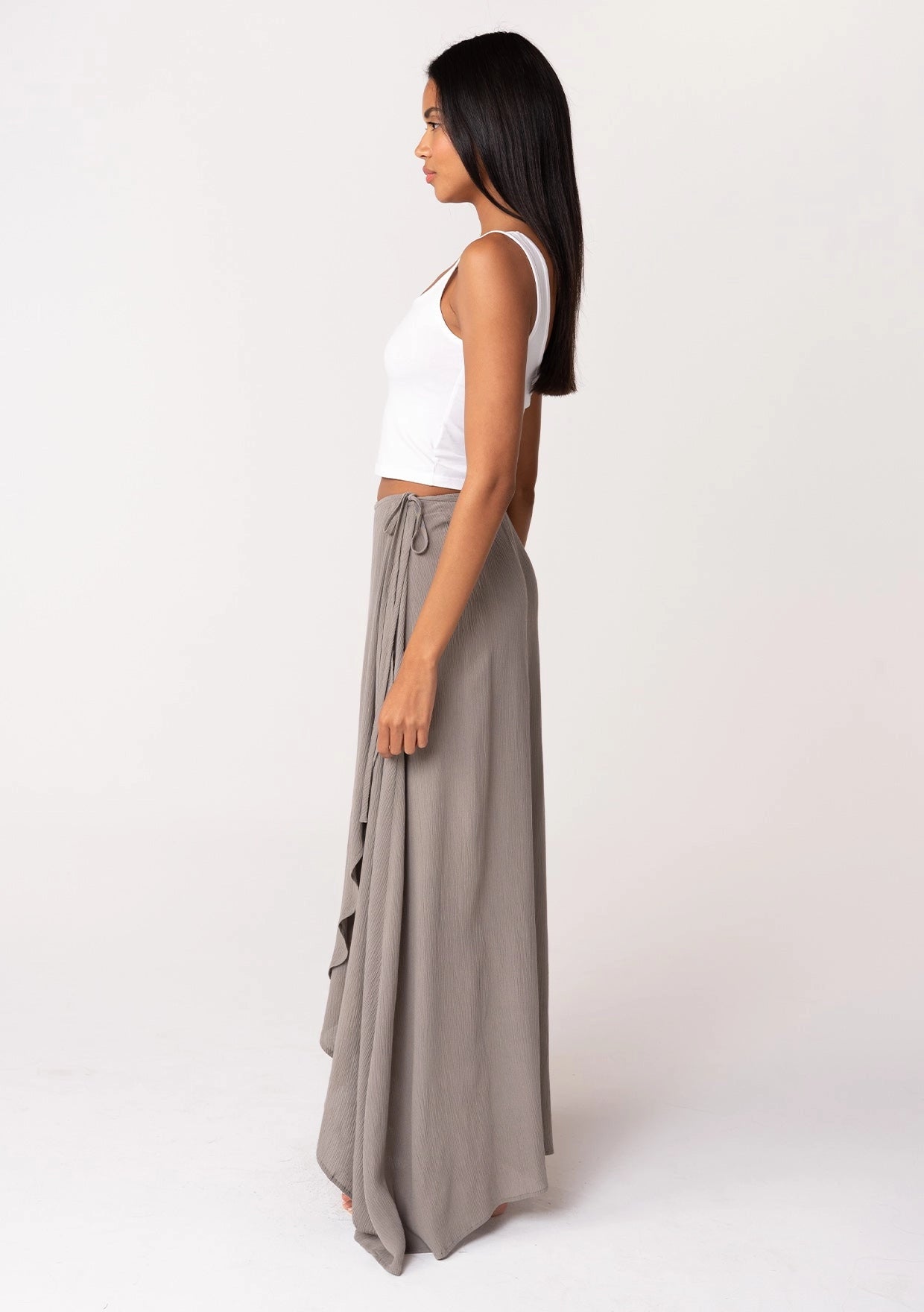 The Laurel taupe rayon modest wrap skirt with a high-low hem and self-tie belt