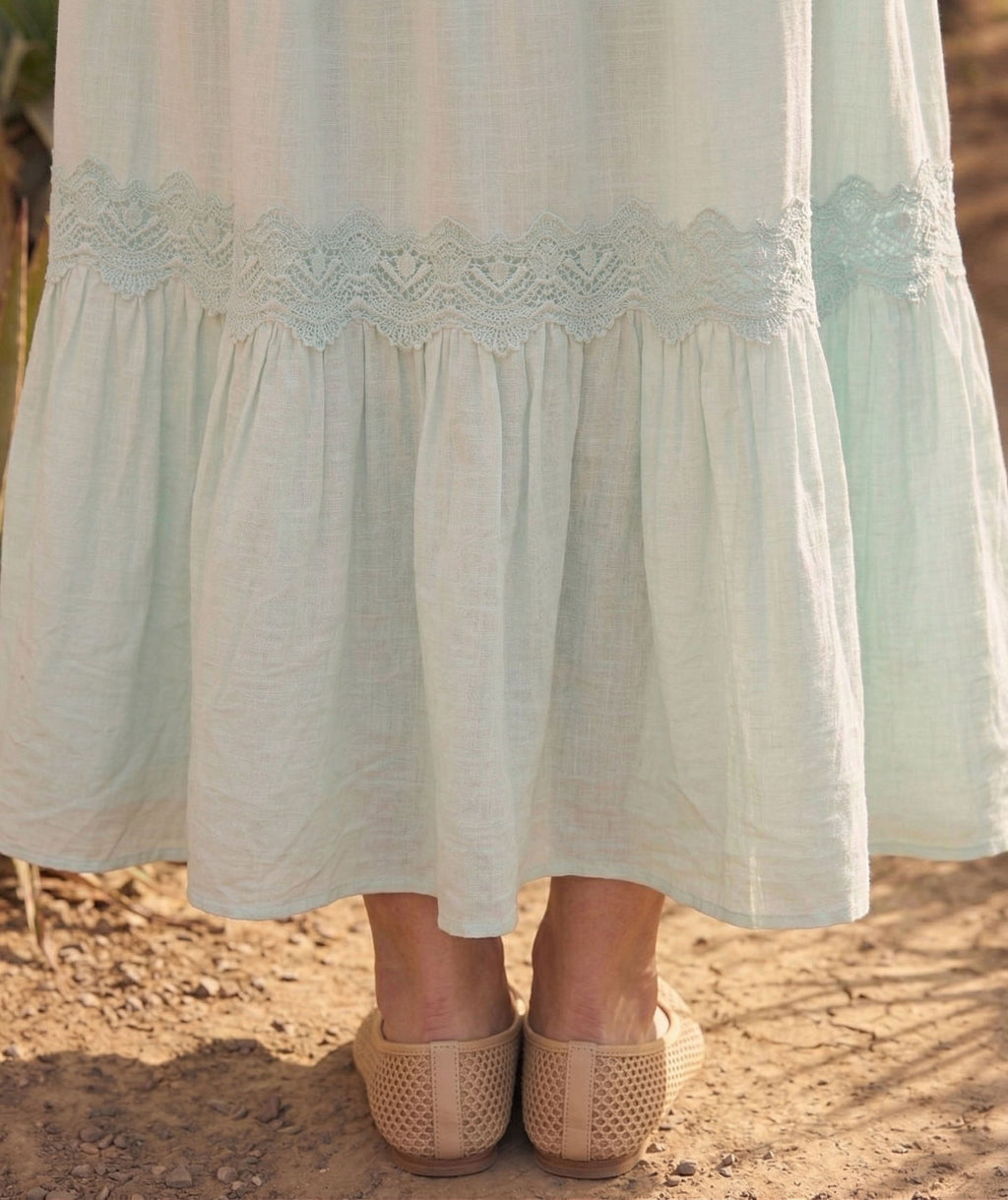 Meadowbrook seafoam modest Sunday maxi dress with crochet lace and flutter sleeves