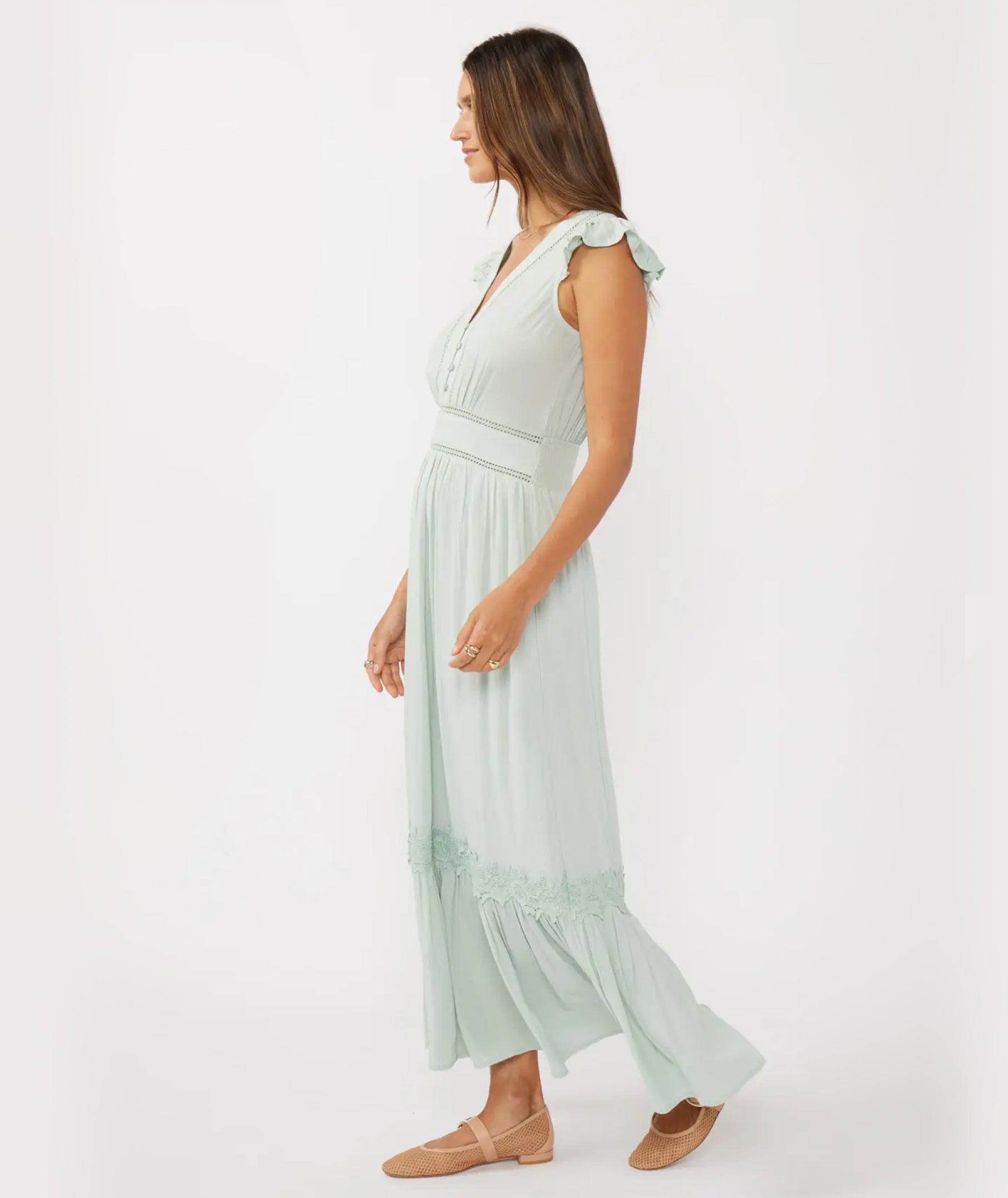 Meadowbrook seafoam modest Sunday maxi dress with crochet lace and flutter sleeves