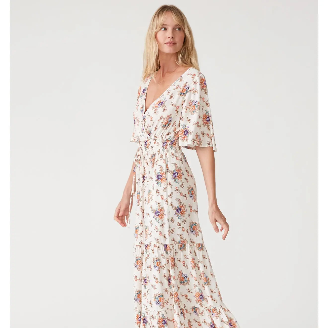 The Willow floral rayon modest maxi dress with a surplice neckline and tiered skirt