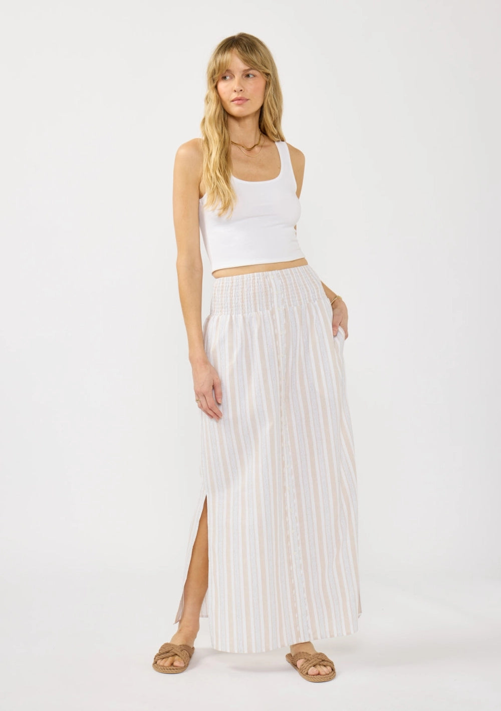 Striped neutral modest maxi skirt with a smocked waist and pockets