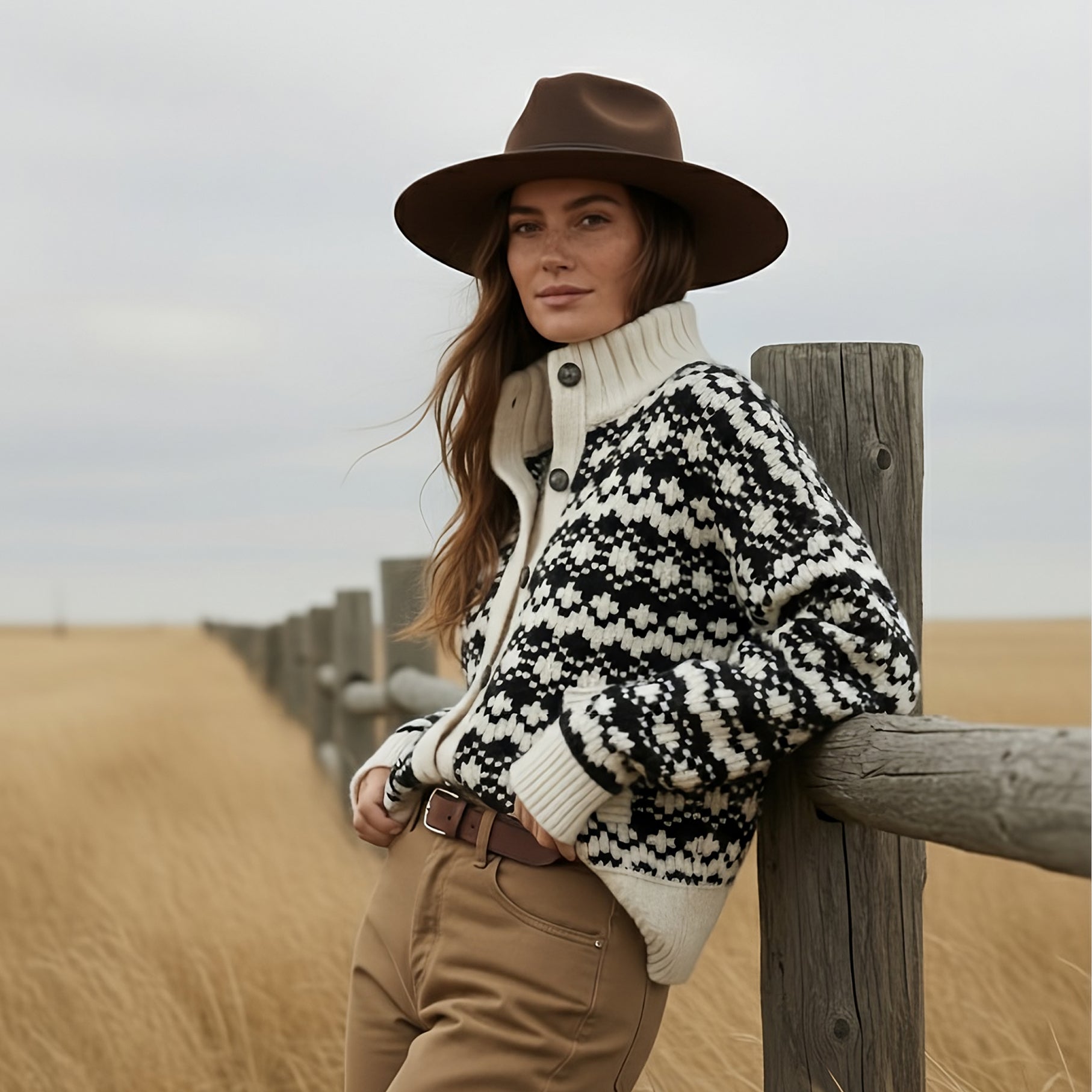 The Bethany black-and-white geometric modest sweater jacket with patch pockets