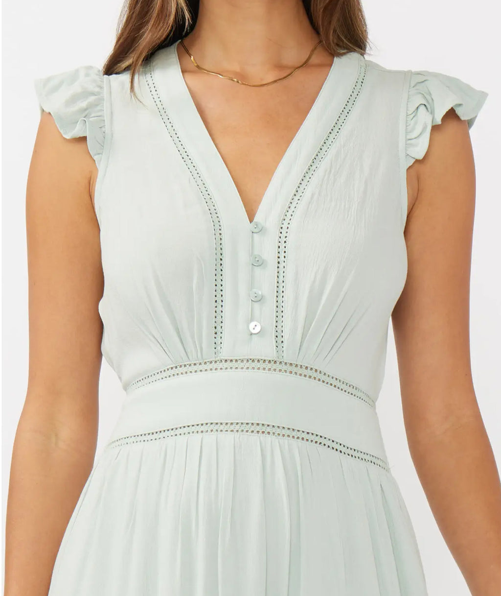 Meadowbrook seafoam modest Sunday maxi dress with crochet lace and flutter sleeves