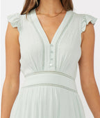 Meadowbrook seafoam modest Sunday maxi dress with crochet lace and flutter sleeves
