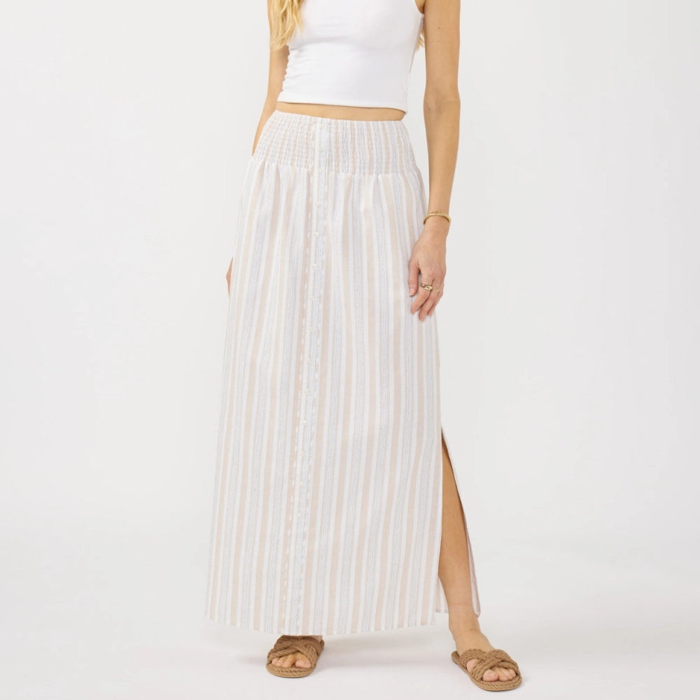 Striped neutral modest maxi skirt with a smocked waist and pockets