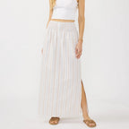 Striped neutral modest maxi skirt with a smocked waist and pockets