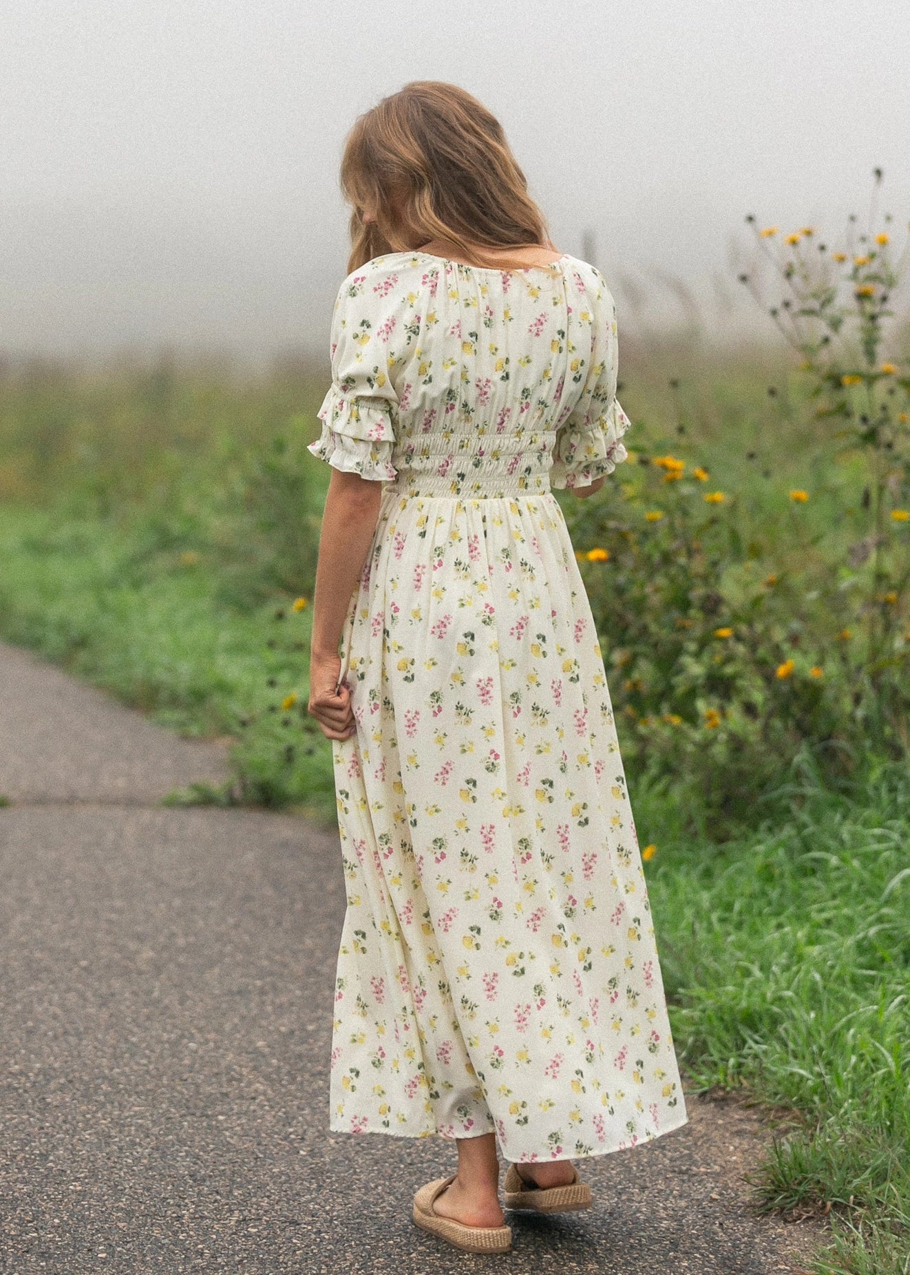 Meadow Daydream cream floral modest maxi dress with double puff sleeves and a smocked waist