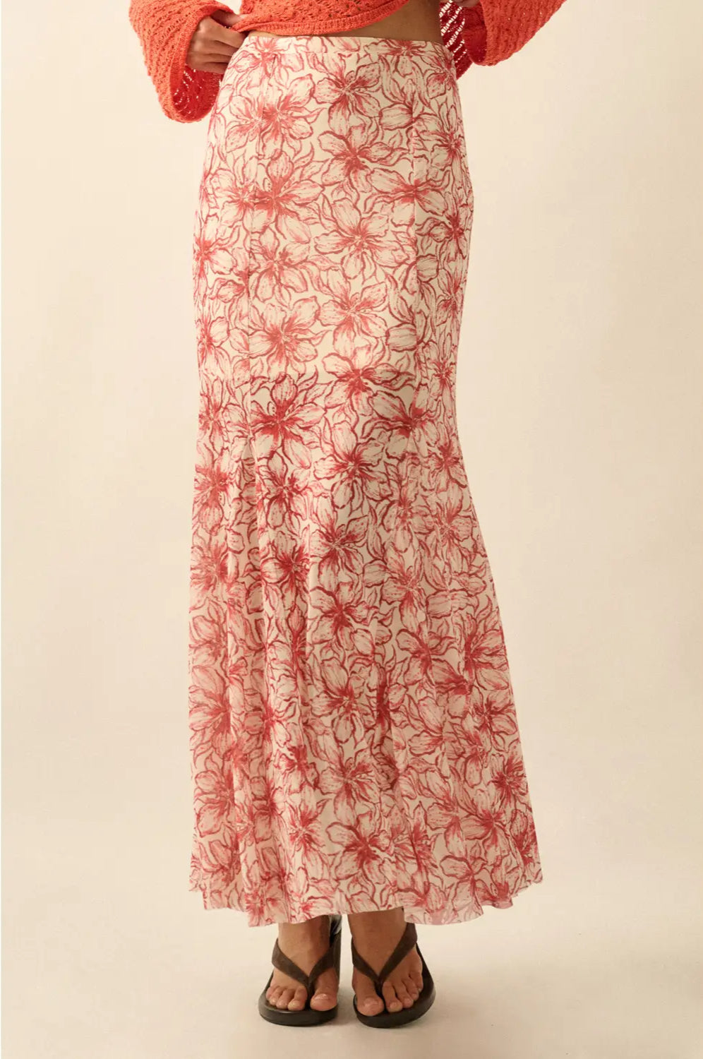 The Crimson Garden red floral-mesh modest maxi skirt with a mermaid silhouette and godet pleats