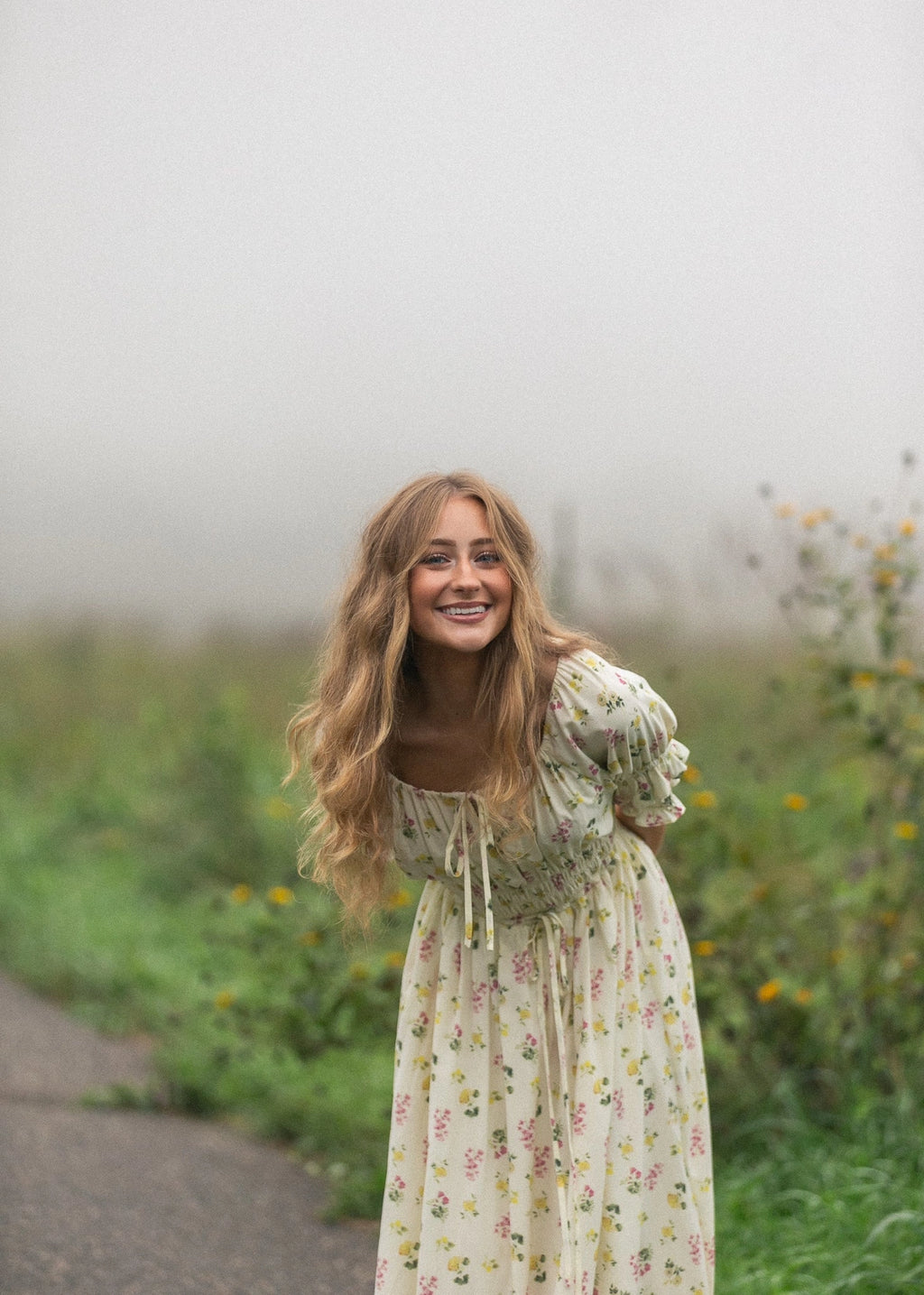 Meadow Daydream cream floral modest maxi dress with double puff sleeves and a smocked waist