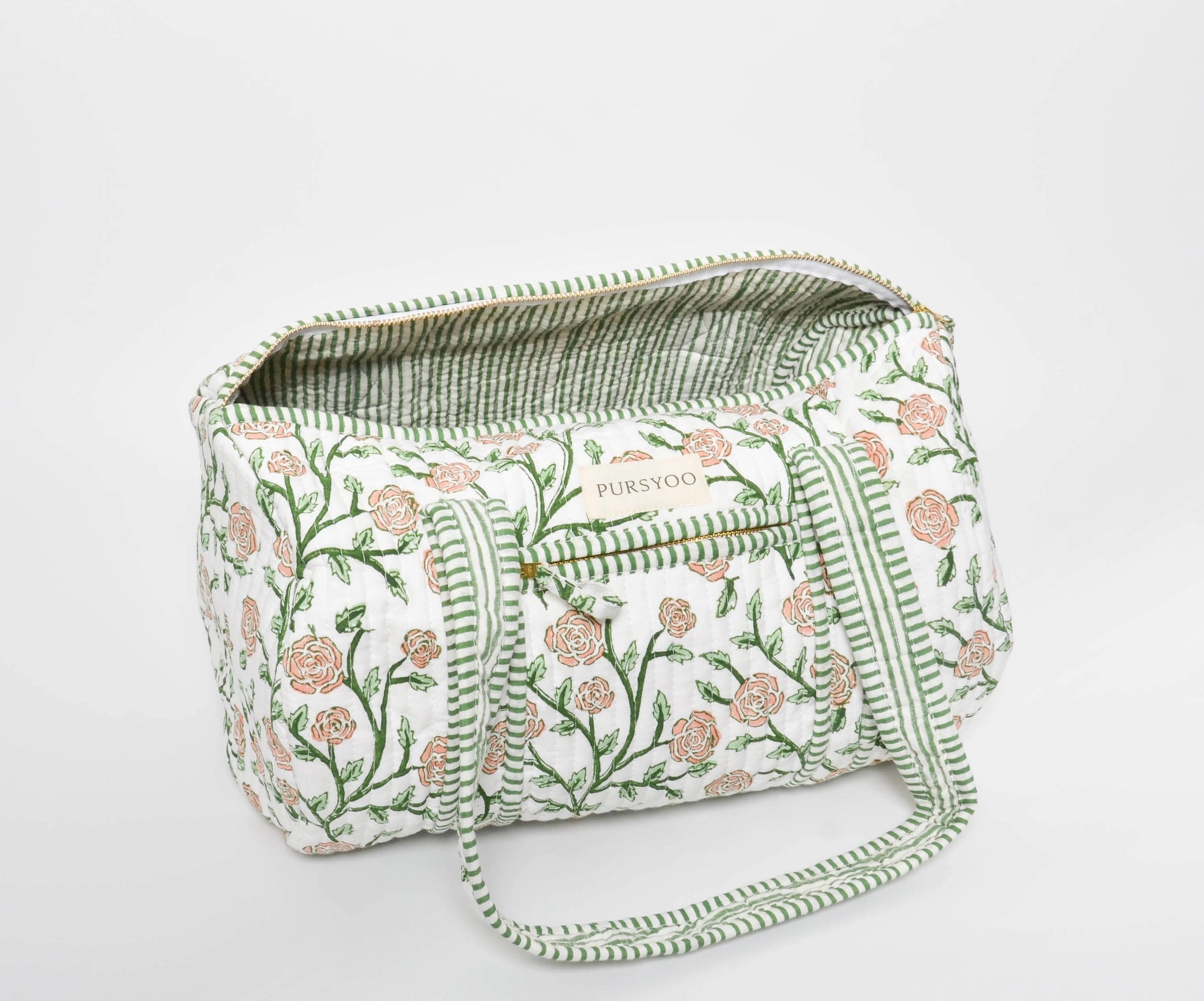 Small rose-and-vine block-printed quilted cotton temple duffel