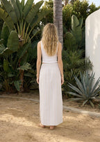 Striped neutral modest maxi skirt with a smocked waist and pockets