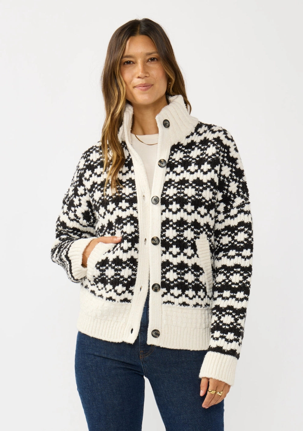The Bethany black-and-white geometric modest sweater jacket with patch pockets