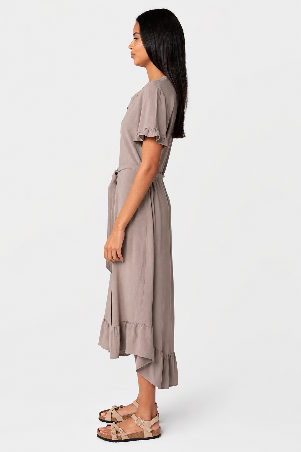 Taupe Linen Blend Ruffle Midi Shirt Dress