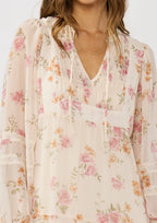 Floral chiffon modest midi dress with lace-insert sleeves, tiered skirt, and front ties