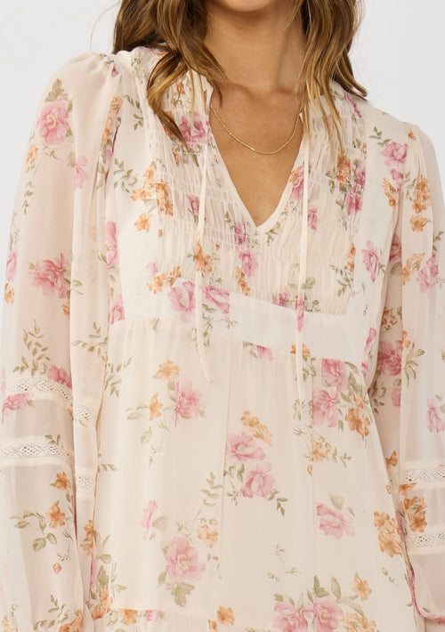 Floral chiffon modest midi dress with lace-insert sleeves, tiered skirt, and front ties
