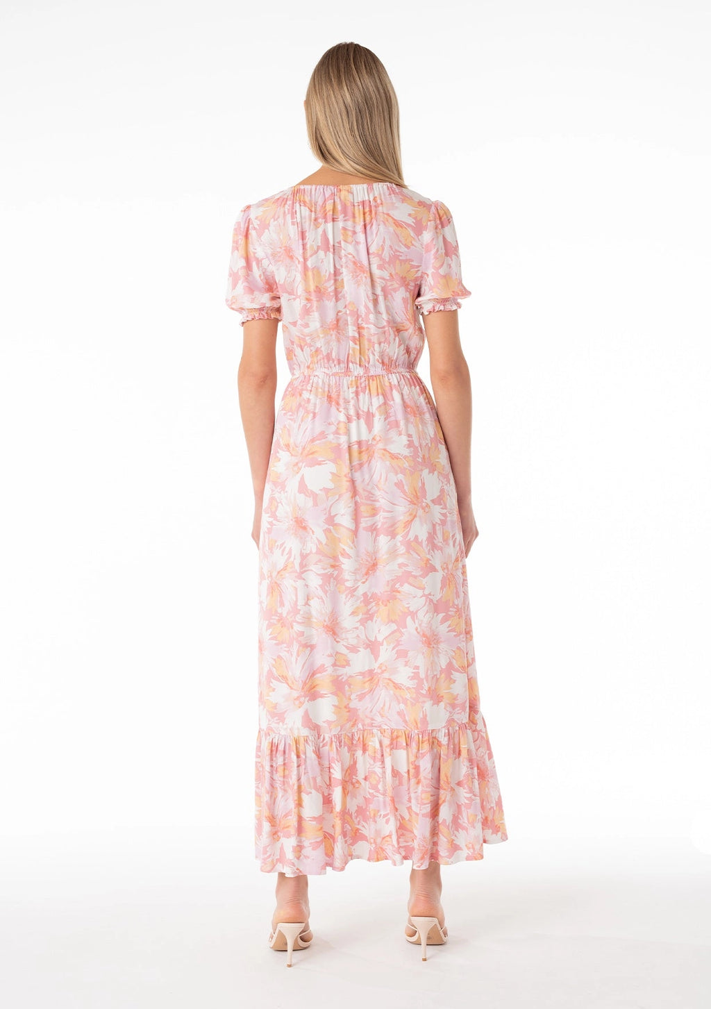 Amana pink and peach floral modest maxi dress with puff sleeves, tiered hem, and pockets