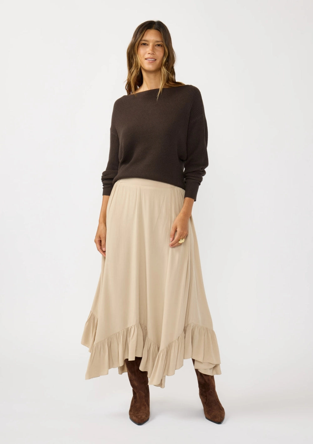 Ruffle-hem sand-beige bohemian modest maxi skirt with a smocked waist