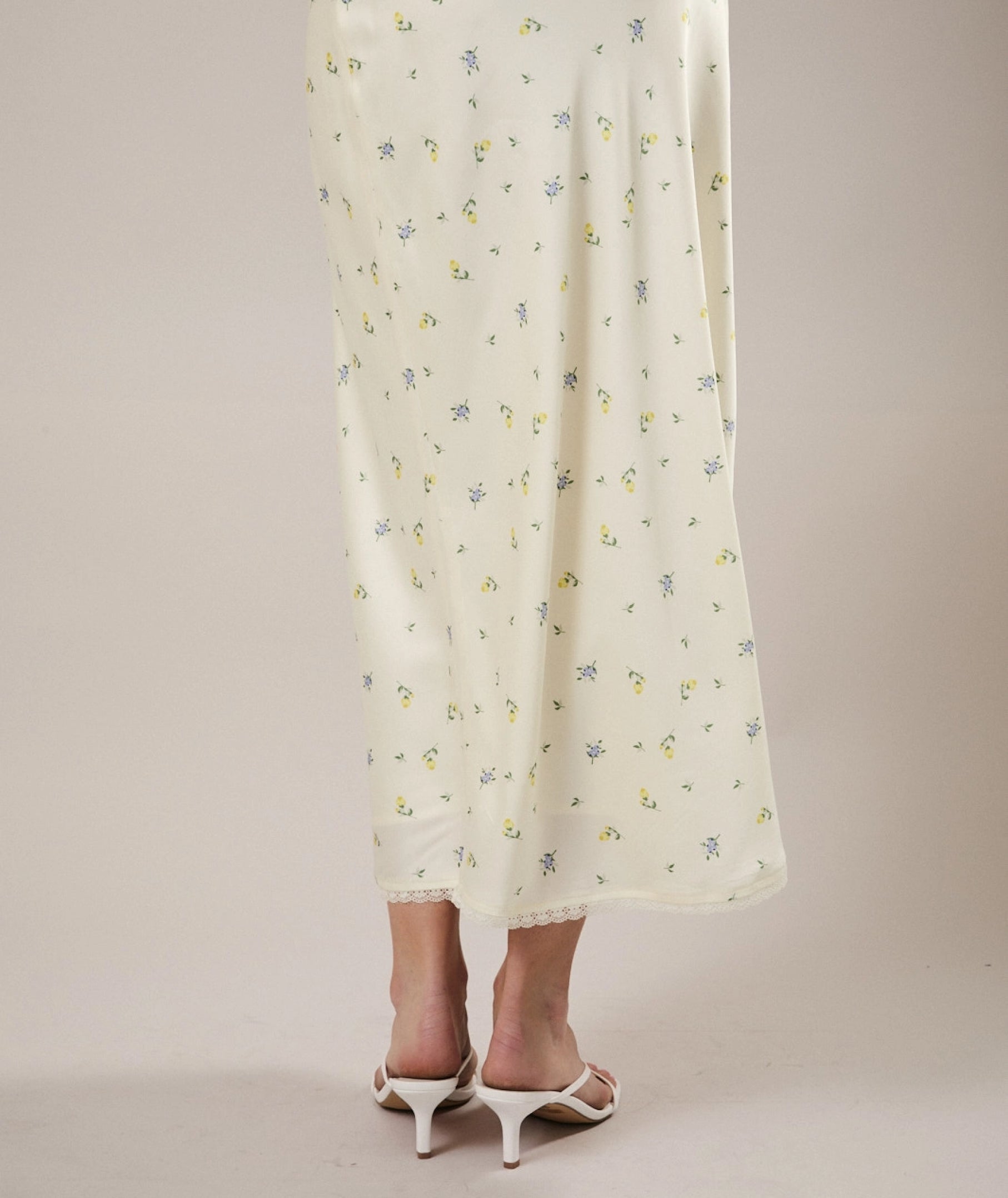 Lemon Blossom ivory ditsy-floral modest slip dress with a lace-trim hem