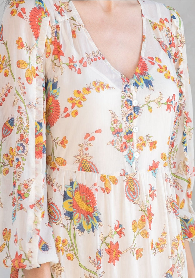 Meadow sheer floral modest maxi dress with long sleeves, button front, and detachable lining