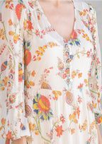 Meadow sheer floral modest maxi dress with long sleeves, button front, and detachable lining