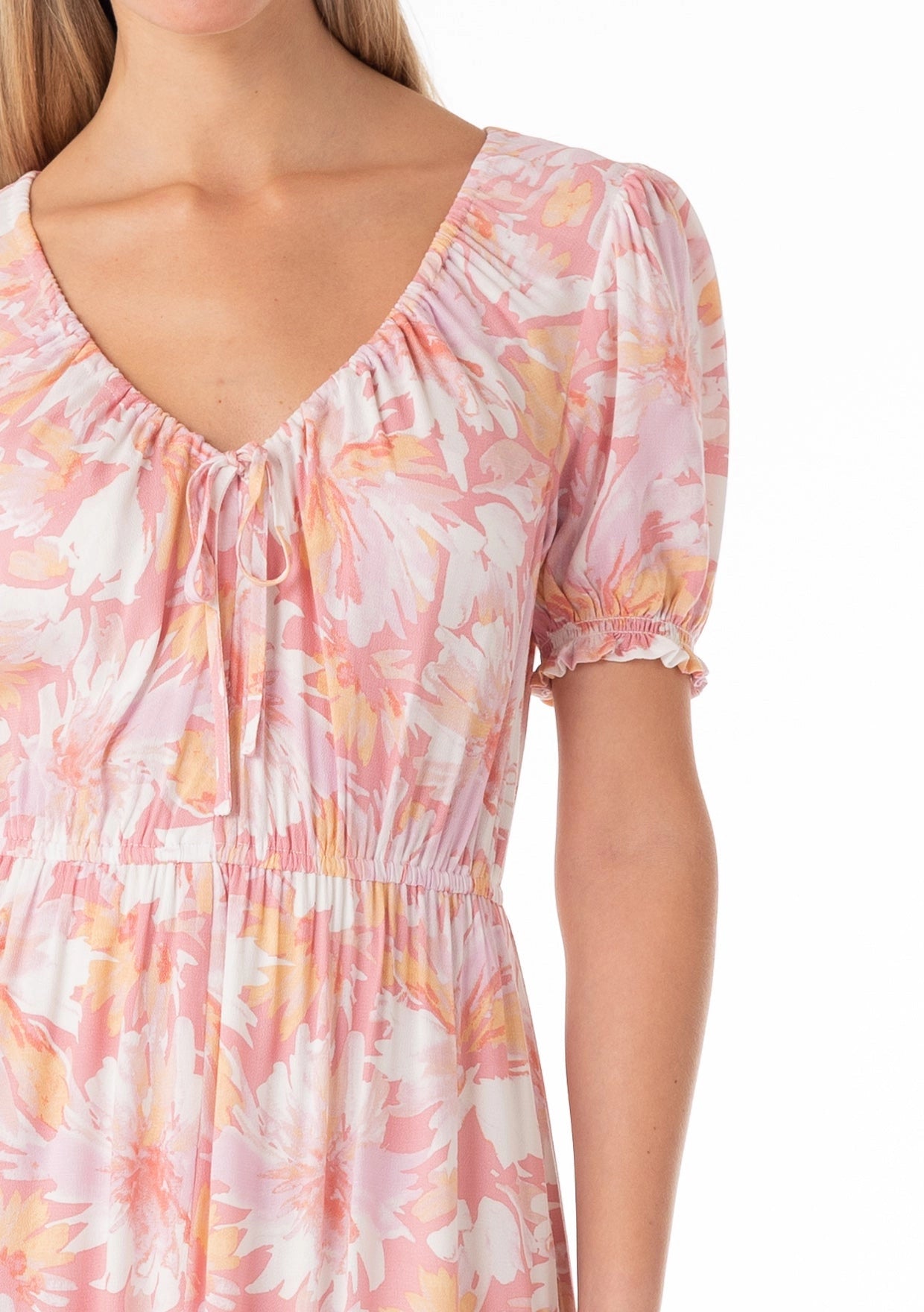 Amana pink and peach floral modest maxi dress with puff sleeves, tiered hem, and pockets
