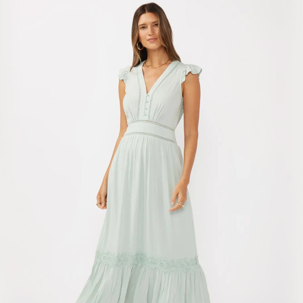Meadowbrook seafoam modest Sunday maxi dress with crochet lace and flutter sleeves