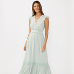 Meadowbrook seafoam modest Sunday maxi dress with crochet lace and flutter sleeves