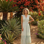 Meadowbrook seafoam modest Sunday maxi dress with crochet lace and flutter sleeves