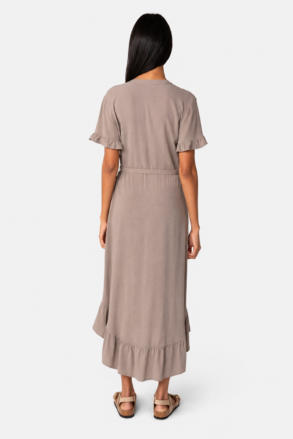Taupe Linen Blend Ruffle Midi Shirt Dress