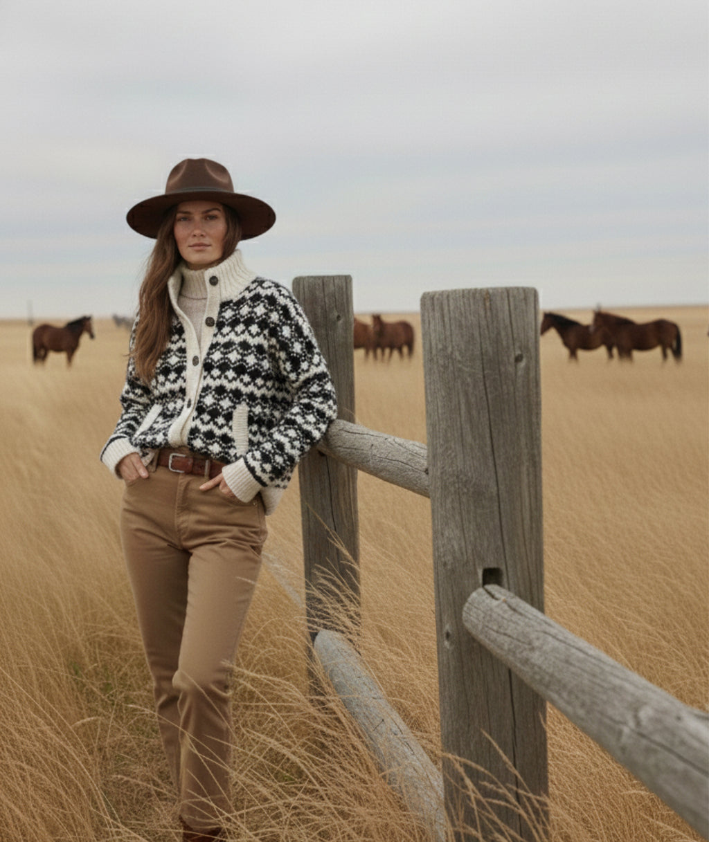 The Bethany black-and-white geometric modest sweater jacket with patch pockets