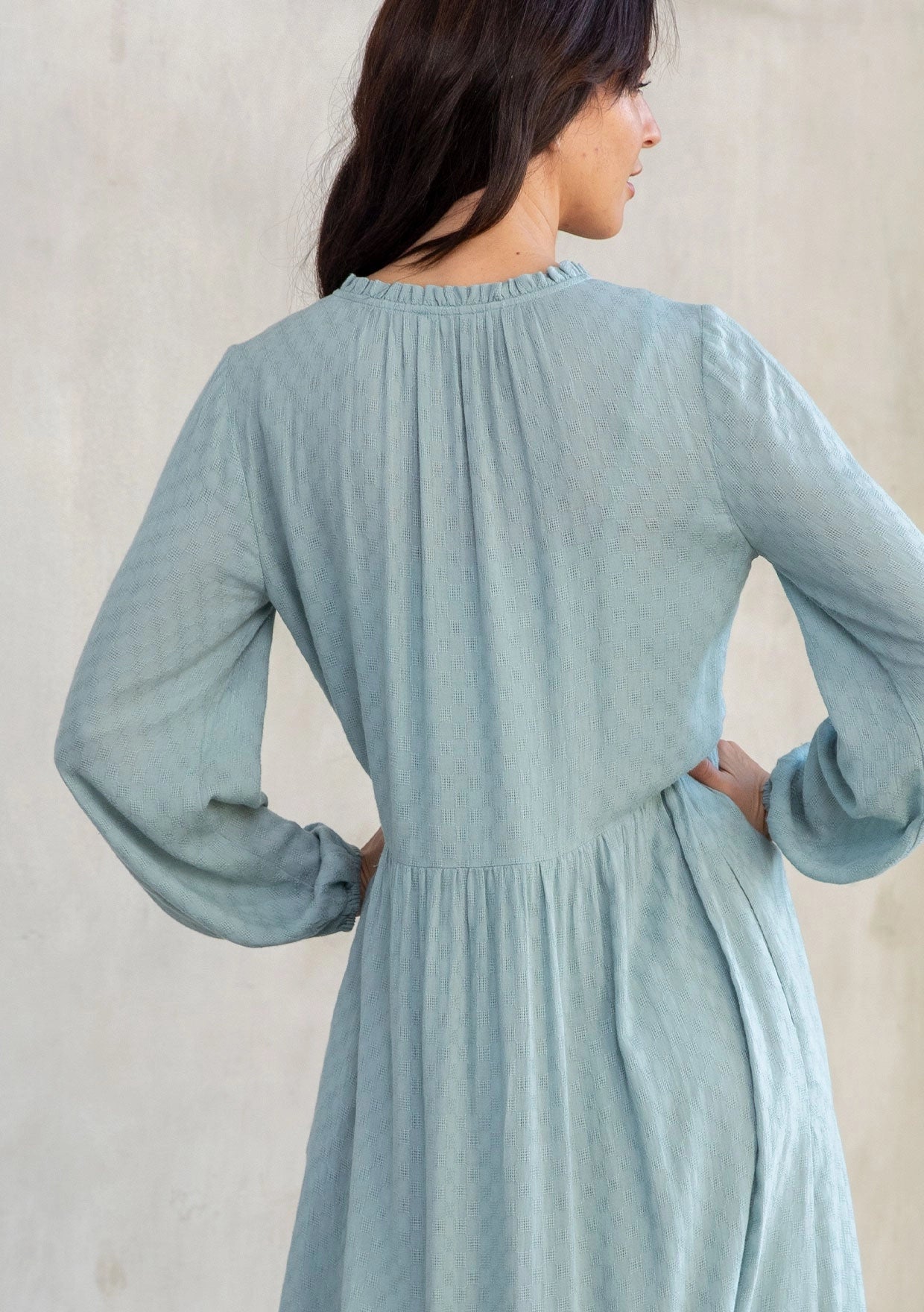 The Eden dusty-blue modest long-sleeve maxi dress with a button front and pockets