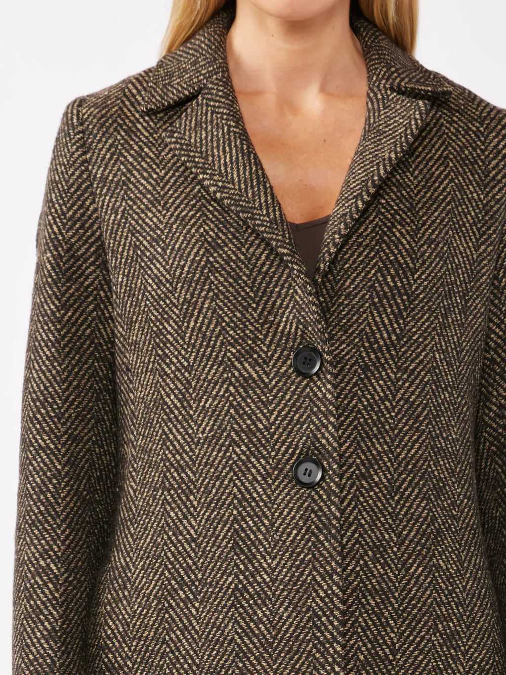 Carmel herringbone chevron modest coat in earth tones with notched collar and pockets