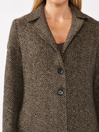 Carmel herringbone chevron modest coat in earth tones with notched collar and pockets