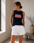 Navy American flag chunky ribbed-knit cropped sweater tank top