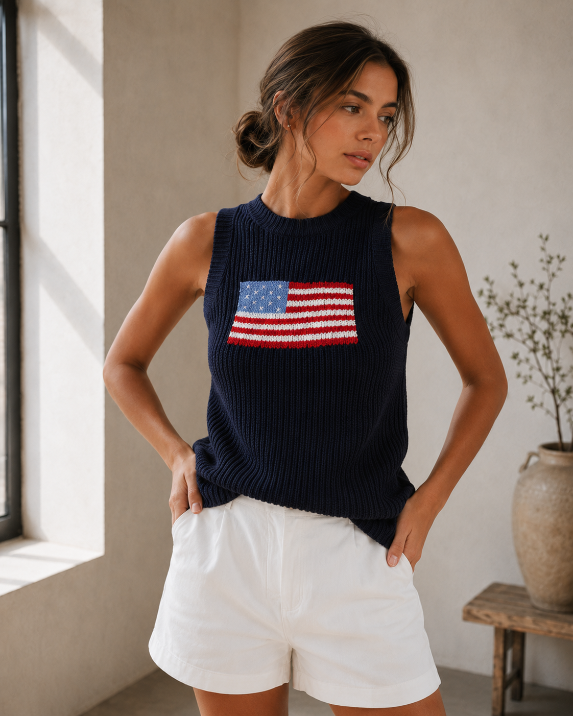 Navy American flag chunky ribbed-knit cropped sweater tank top