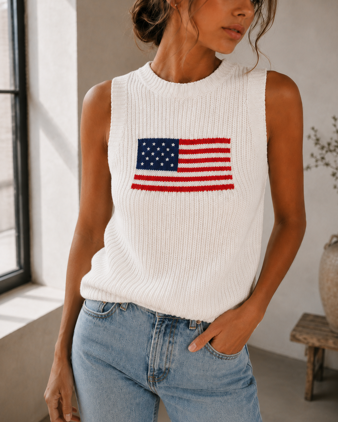 Navy American flag chunky ribbed-knit cropped sweater tank top