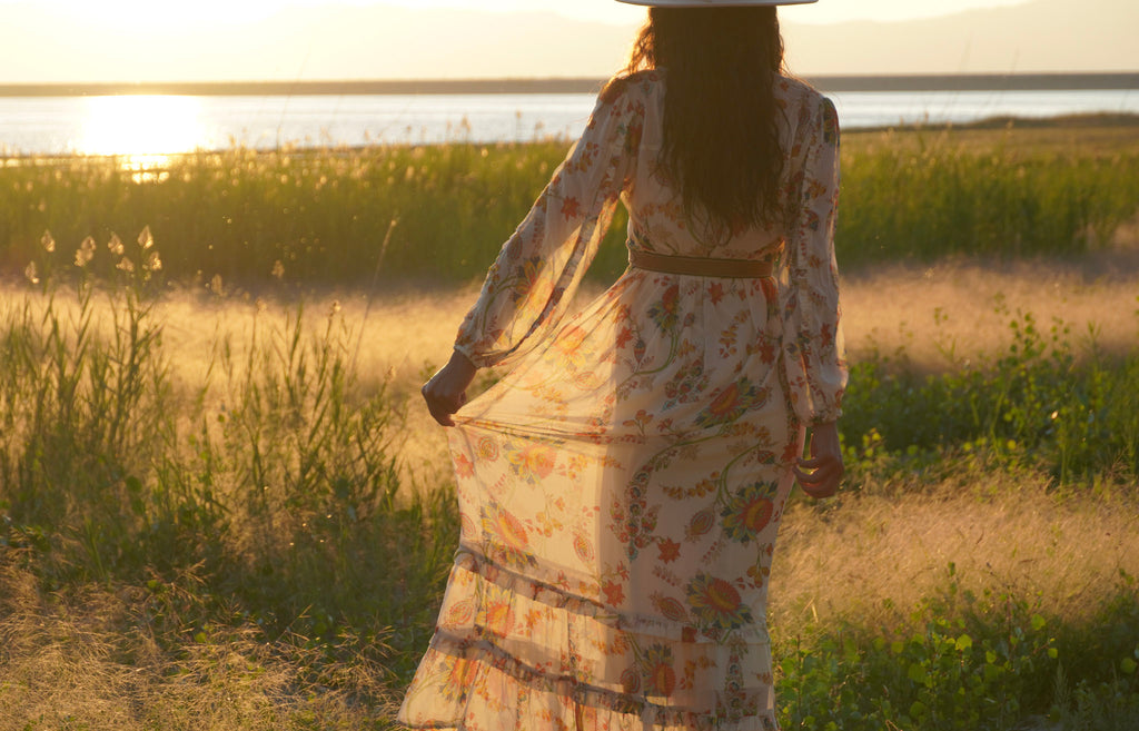 Meadow sheer floral modest maxi dress with long sleeves, button front, and detachable lining