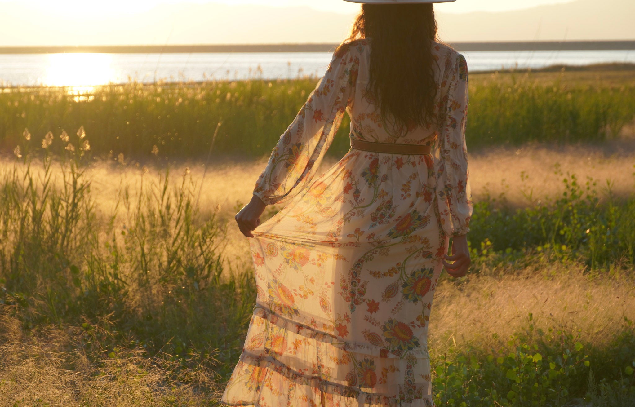 Meadow sheer floral modest maxi dress with long sleeves, button front, and detachable lining