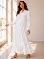 Model wearing The Brigham City V-neck ruffle LDS temple dress