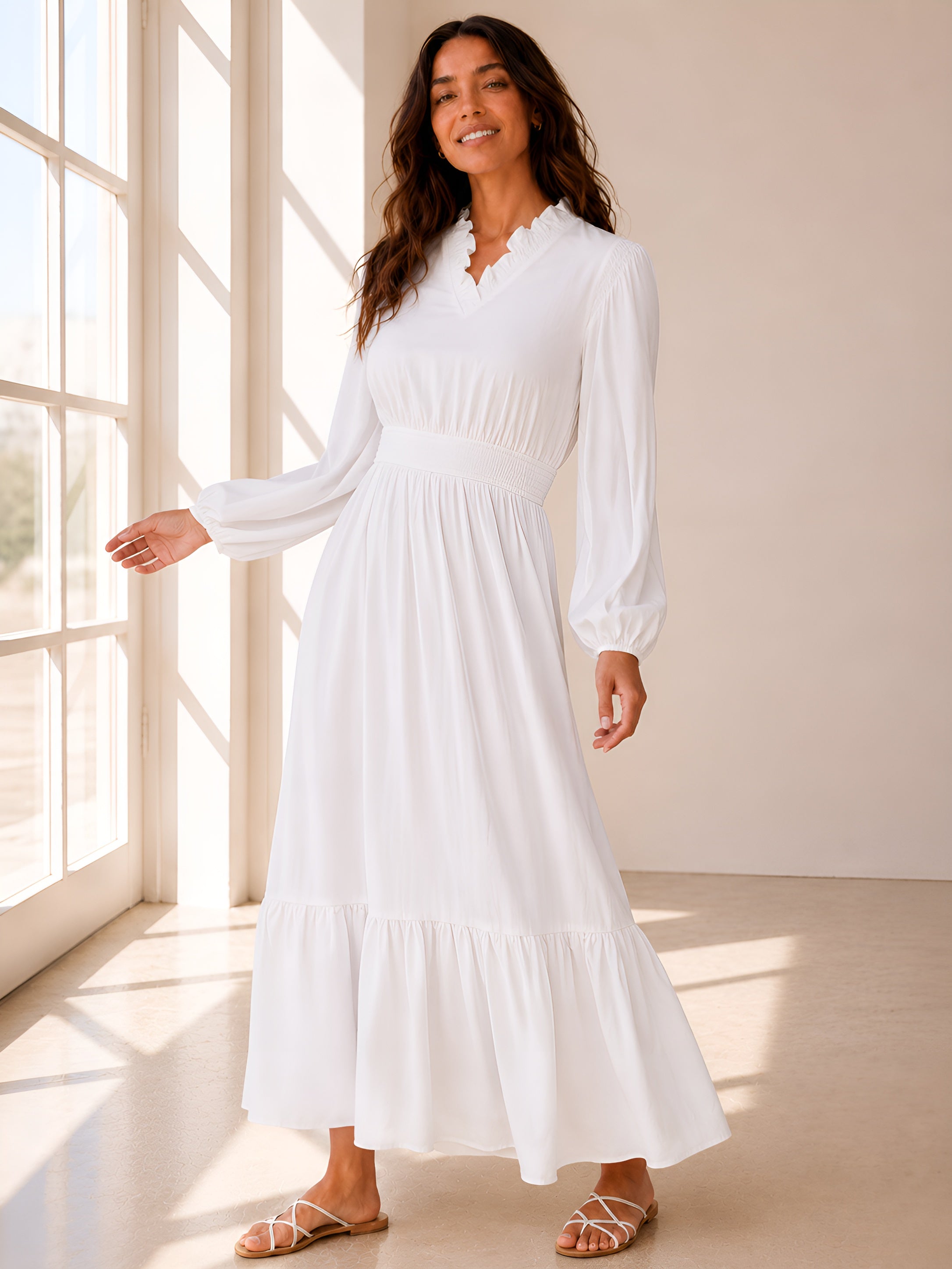 Model wearing The Brigham City V-neck ruffle LDS temple dress