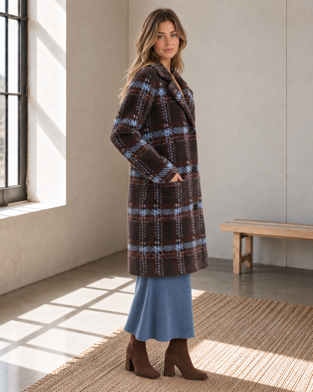 Brown & Blue Plaid Eyelash Coatigan