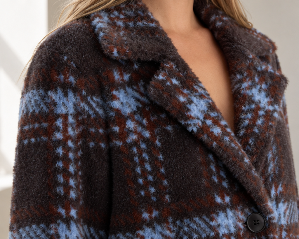 Brown & Blue Plaid Eyelash Coatigan