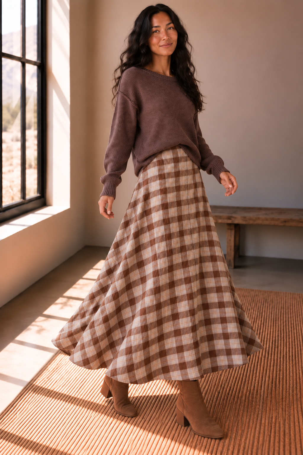 Brown plaid cotton midi skirt close view showing the woven plaid pattern, full flare, and midi length
