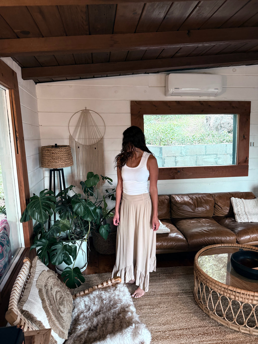 Ruffle-hem sand-beige bohemian modest maxi skirt with a smocked waist