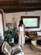 Ruffle-hem sand-beige bohemian modest maxi skirt with a smocked waist